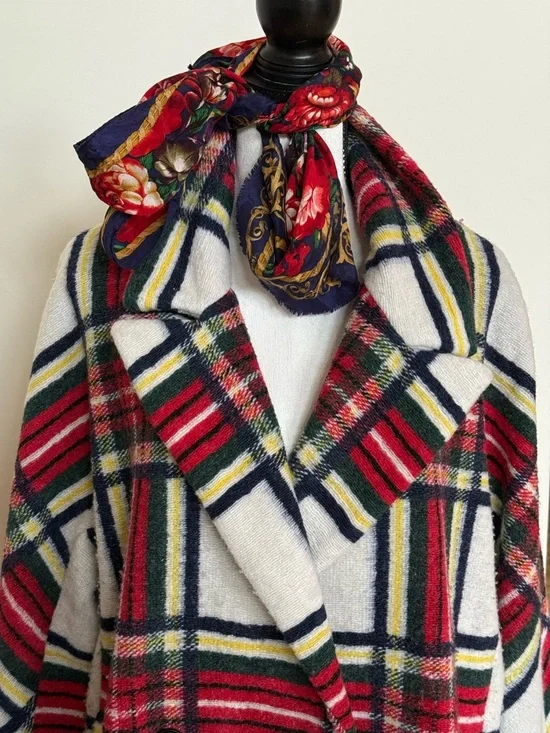 Desigual Red, Cream & Navy Plaid Double-Breasted Pea Coat - Picture 5 of 12